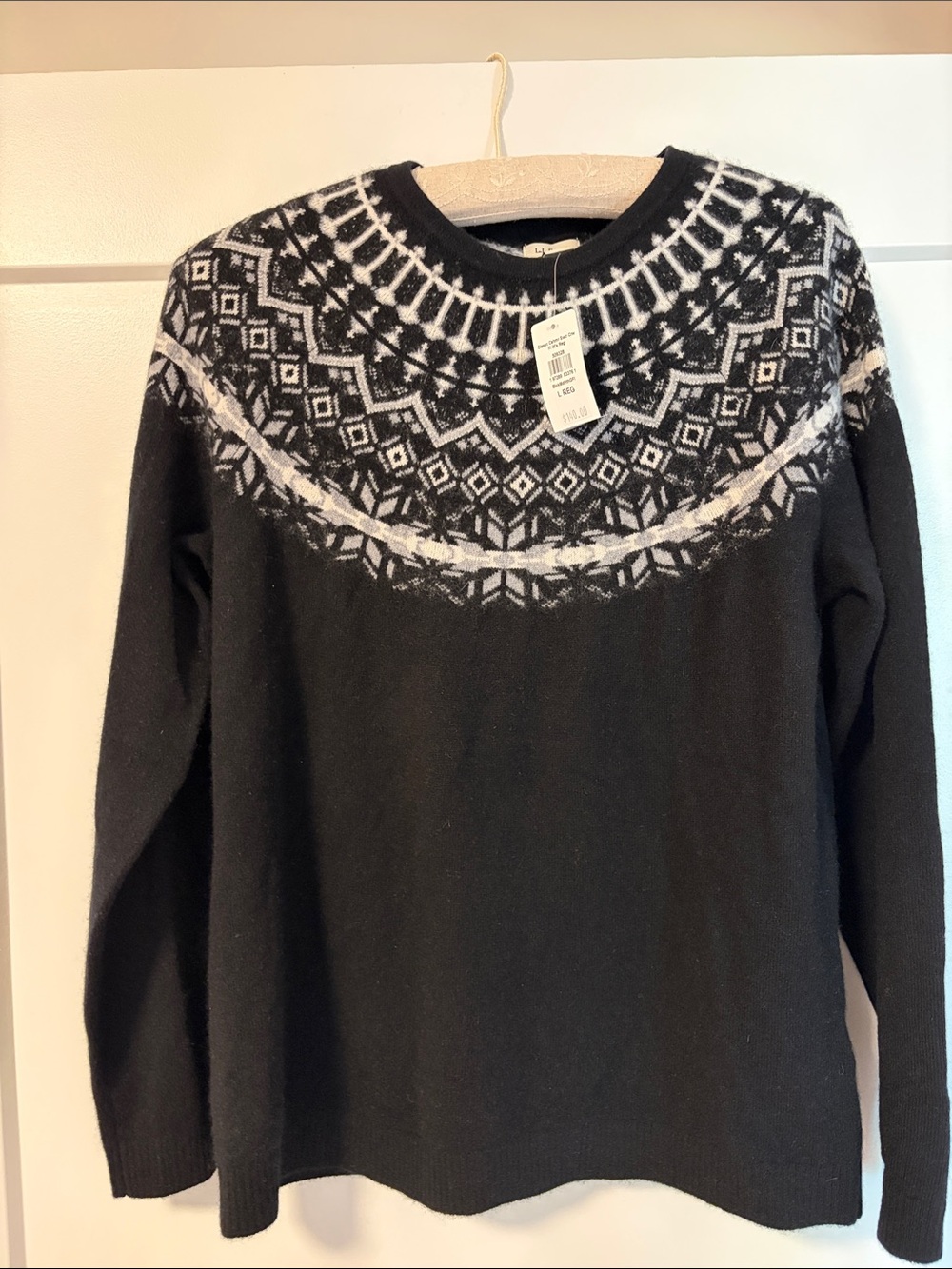 L.L. Bean cashmere Crewneck Sweater with White Fair Isle Yoke